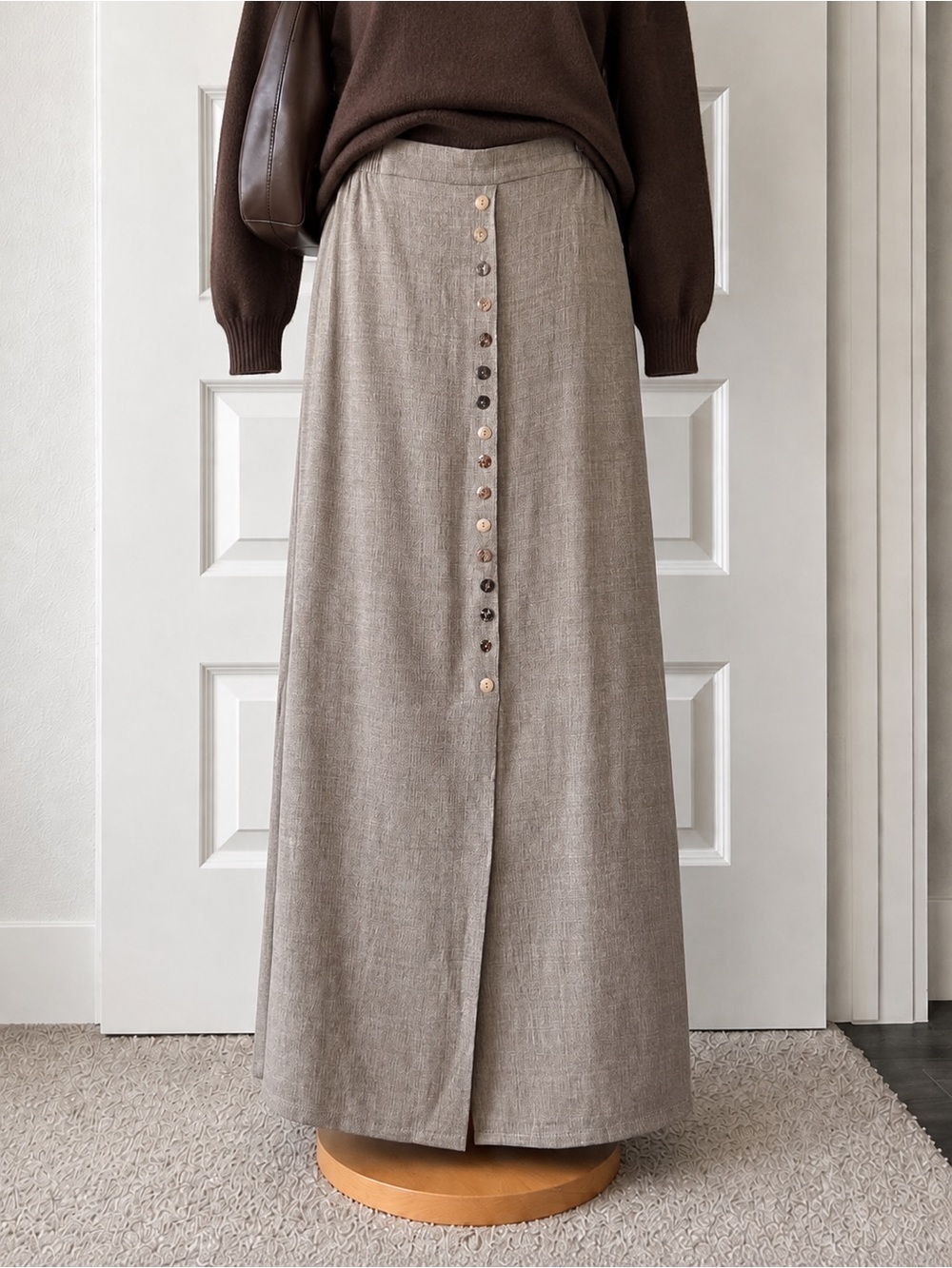 Vintage 90s Taupe Brown Maxi Skirt Elastic Waist Cottagecore boho